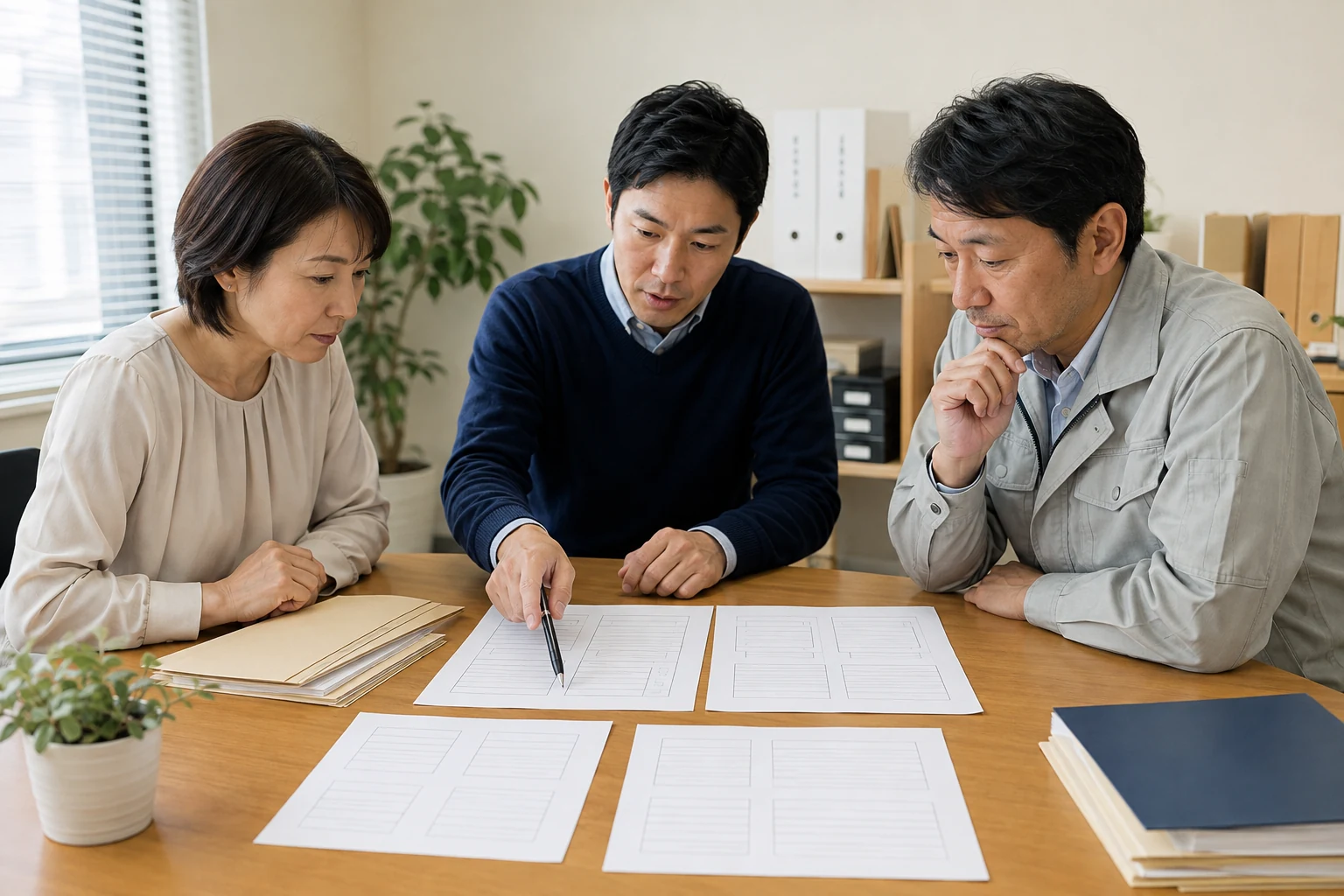 経営者と担当者が事業資料や運営手順を確認するイメージ
